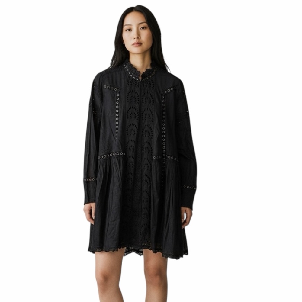 NWT Free People Women’s Black Eyelet Cutout Smock Neck Long Sleeve Dress, Medium - Picture 13 of 13